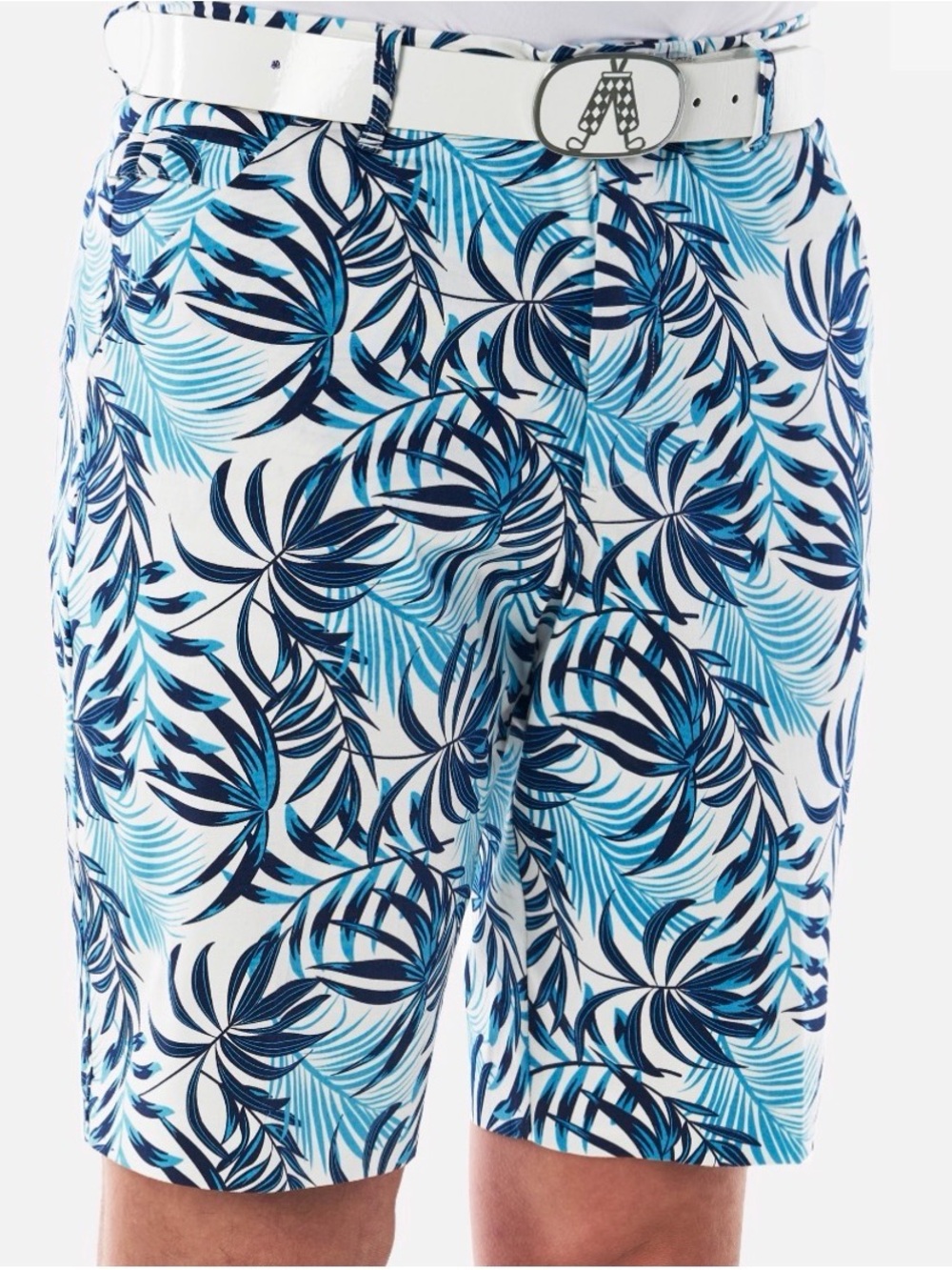 Royal & Awesome- Men's  Blue white Tropics Leaf Print short - golf- Hawaiian